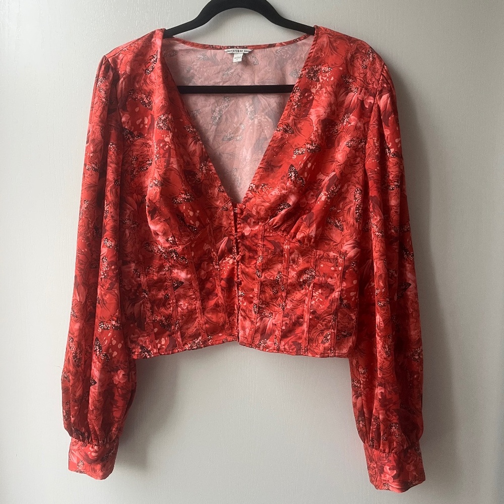 Red Butterfly Corset Blouse, Guess, size L